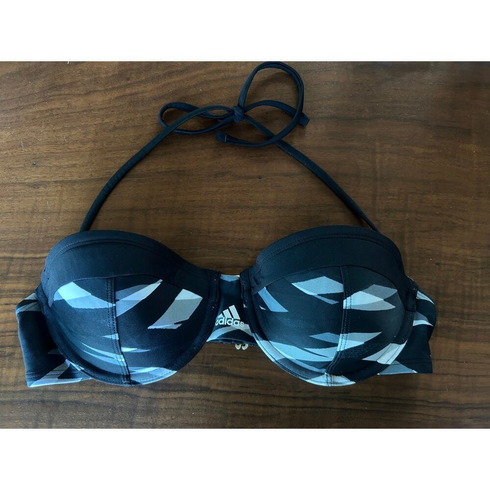 Adidas Overlay Stripe Underwire Bandeau Bikini Top Gray Abstract Stripe M/L